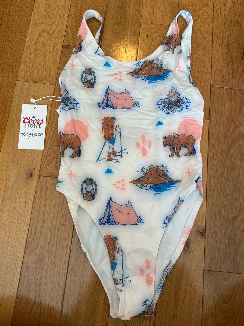 Coors Light x TeamLTD One-Piece Swimsuit - White with Peach & Blue Outdoor Print
